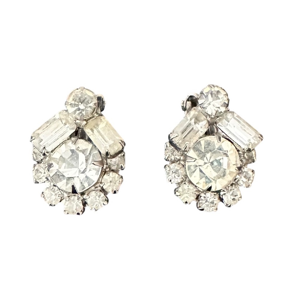 Vintage Clear Crystal Cluster Duette Dress Clips - Silver Tone